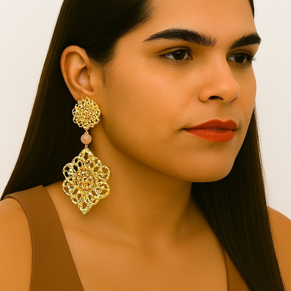 Women's Stylish Gold-tone Filigree Design 3" Long Beaded Drop Dangle Earrings #1